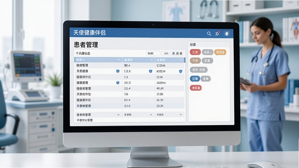 天使健康伴侣患者档案管理界面,屏幕显示个人健康信息表格与分类标签,周围有模糊的医疗办公环境,画面清晰明亮,突出软件的信息规整与易用性