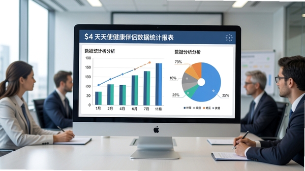 天使健康伴侣数据统计报表展示,屏幕显示柱状图与饼图分析结果,背景为办公室会议场景,画面专业整洁,突出软件的数据分析能力