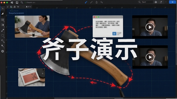 斧子演示画布式编辑界面细节截图,显示画布上散布着图片、文字框和视频元素,红色箭头标出镜头运动路径,背景为深蓝色画布网格,突出软件名称“斧子演示”的水印标识