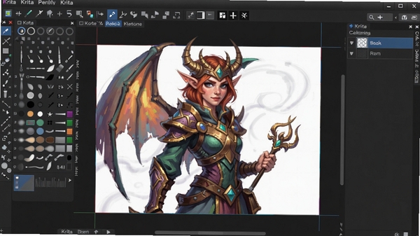 Krita 数字绘画软件主界面预览图,画面中央显示一个色彩丰富的绘画画布,左侧是整齐排列的画笔工具面板,右侧是图层面板,整体界面布局清晰,色调为深灰色专业风格,画布上有一幅尚未完成的奇幻风格角色插画,细节丰富,色彩明亮