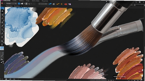 Krita 画笔工具特写截图,画面展示一个正在绘制流畅线条的笔刷效果,周围散布着不同质感的水彩与油画笔触纹理,背景为深色界面,突出画笔笔尖的细节和色彩过渡的自然感。