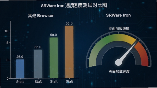 SRWare Iron速度测试对比图,左侧为其他浏览器,右侧为SRWare Iron,以柱状图或仪表盘形式展示启动时间和页面加载速度,背景为深蓝色科技感,图形简洁直观,突出性能优势
