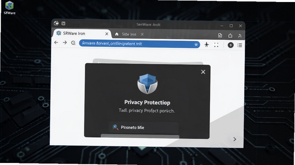 SRWare Iron浏览器主界面截图,展示其简洁的工具栏和隐私保护功能面板,背景为深色科技感桌面,浏览器窗口居中,地址栏高亮显示,整体风格现代专业