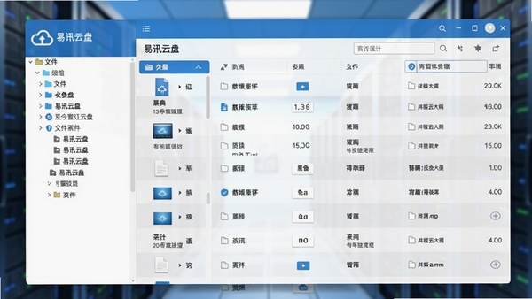 易迅云盘主界面截图,左侧为文件目录树,右侧为文件列表展示区,整体采用蓝白配色,界面清爽整洁,背景为虚化的云端服务器机房