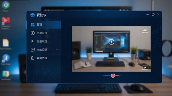 爱拍软件主界面截图,左侧为功能导航栏,右侧为录制预览窗口,整体采用深蓝色科技感风格,界面布局清晰,图标现代简洁,背景为虚化的电脑桌面环境