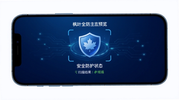 枫叶全防主界面预览图,手机屏幕展示安全防护状态,背景为深蓝色科技感渐变,中心位置显示盾牌图标与扫描结果,整体风格简洁现代,高清渲染