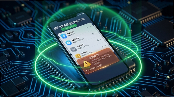 枫叶全防病毒查杀功能示意图,界面显示正在扫描的应用列表与风险提示,手机周围环绕绿色防护光环,背景为科技感电路板纹理,细节丰富,色彩鲜明
