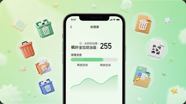枫叶全防垃圾清理功能效果图,手机界面显示清理进度条与释放空间数字,周围环绕被清理的缓存文件图标(如垃圾箱、文件碎片),背景为清爽的浅绿色渐变,风格明亮活泼
