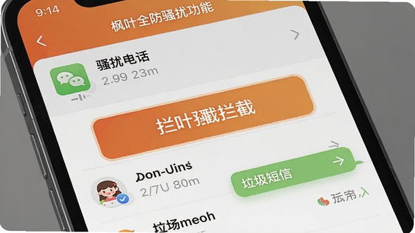 枫叶全防骚扰拦截功能界面,手机屏幕显示拦截记录列表,包含骚扰电话与垃圾短信,背景为简洁的灰色调,突出拦截按钮,风格稳重实用