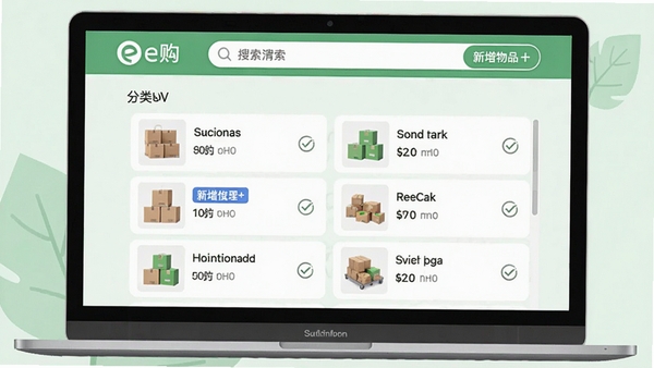 购e购的采购清单功能截图,画面中央显示分类清晰的商品列表,每个条目带有勾选圆圈,顶部有搜索栏和“新增物品”按钮,背景采用淡绿色系,体现清爽与高效的管理氛围