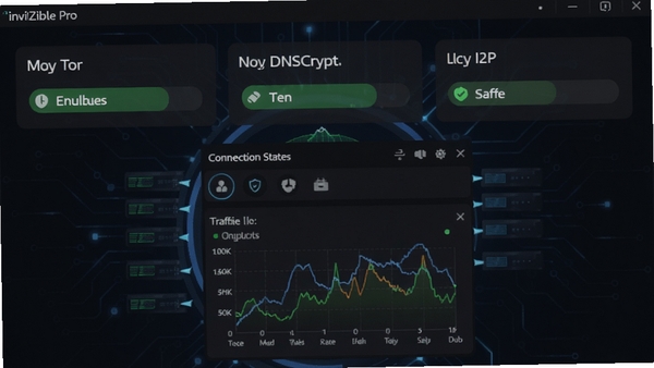 InviZible Pro 主界面截图,展示其三大核心模块Tor、DNSCrypt和I2P的启用状态,背景为深色科技感UI,中心位置显示连接状态与流量监控图表,整体风格简洁明快,突出软件的安全与专业属性。