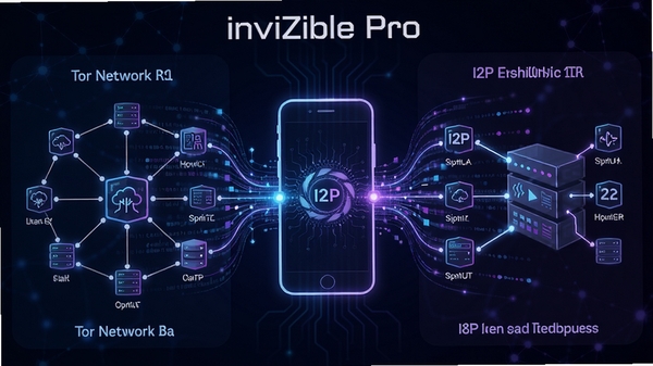 InviZible Pro功能示意图,左侧为Tor网络节点连接图,右侧为I2P隧道加密示意,中间以手机轮廓连接,背景为网络数据流线条,蓝色与紫色色调,强调多层加密与匿名通信过程。