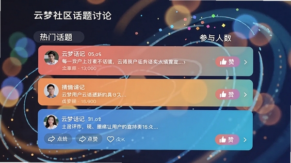 云梦社区话题讨论页面,展示热门话题列表和参与人数,背景有动态的光斑效果,卡片式设计,包含用户评论区和点赞按钮,色调活泼,体现互动氛围