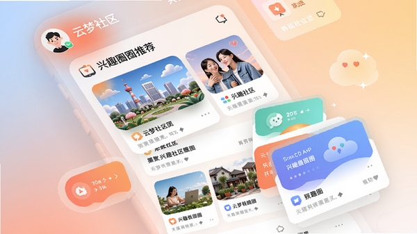 云梦社区APP主界面预览图,展示兴趣圈子推荐瀑布流,背景为柔和渐变色,前景有用户头像和动态卡片,整体风格现代简约,色彩明快,突出社交氛围