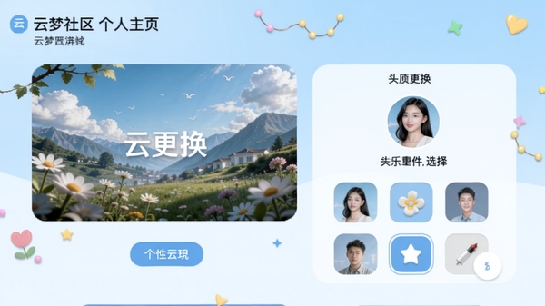 云梦社区个人主页编辑界面,展示背景图更换和头像挂件选择,界面风格清新,有各种装饰元素的小图标,背景为浅蓝色渐变,突出个性化设置功能