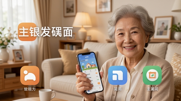 银发专属APP主界面展示,大字体大图标,背景为温馨的居家客厅,一位笑容慈祥的老人手持手机,画面明亮清晰,突出软件简洁易用的特点,整体色调柔和温暖,适配Boogu模型生成。