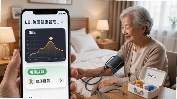 银发专属健康管理功能预览,手机界面展示血压曲线图和用药提醒卡片,背景是整洁的卧室,一位老人正在测量血压,旁边放着药盒,画面温馨写实,突出健康关怀主题。