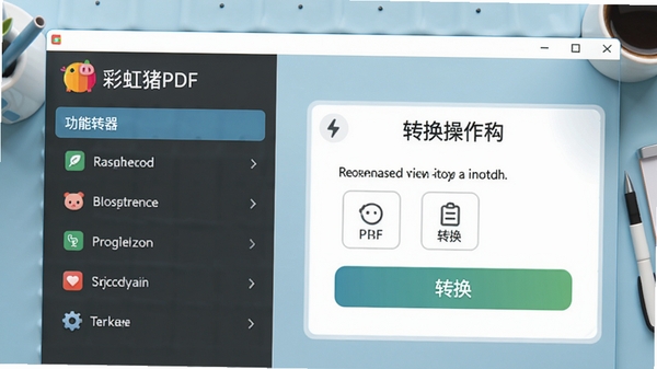 彩虹猪PDF转换器主界面预览图,展示软件Logo、功能列表和转换操作区域,背景为简洁的浅蓝色工作台,整体风格现代清爽,突出软件核心功能与界面布局