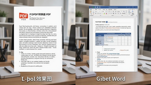 我速PDF转换器将PDF文件转换为Word文档的对比效果图,左侧为PDF原文,右侧为可编辑的Word页面,文字清晰,表格对齐,背景为办公桌面