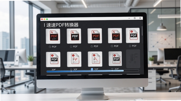 我速PDF转换器批量转换功能界面,多份PDF文件依次排列,进度条显示转换状态,背景为现代办公室环境,电脑屏幕清晰可见
