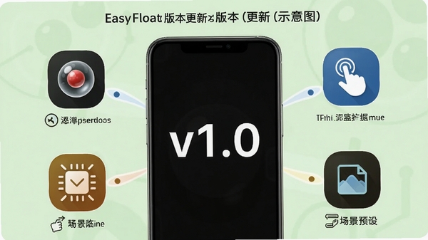 EasyFloat版本更新示意图,画面中央有一个手机屏幕,屏幕上显示“v1.0”字样,周围环绕着新功能图标如悬浮球、手势、场景预设等,背景为淡绿色,风格简洁明快,突出更新内容