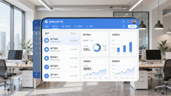 麦秸云资产软件主界面预览图,画面中央展示手机端资产列表与分类统计仪表盘,背景为模糊的现代化办公室环境,前景突出APP界面简洁的卡片式布局和蓝色主色调,整体风格商务且明亮