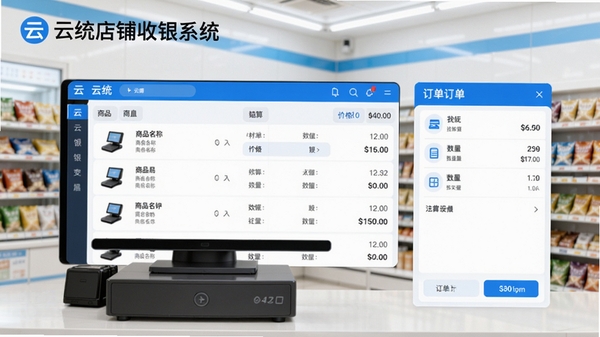 云统店铺收银系统主界面预览图,展示简洁的商品列表、结算台和订单面板,背景为明亮的便利店收银场景,界面清晰标注商品名称、价格、数量及合计金额,整体风格现代清爽,色彩以蓝白为主,突出软件名称“云统店铺收银系统”在左上角Logo位置