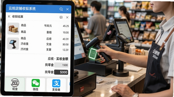 云统店铺收银系统收银结算界面,显示商品明细、应收金额、实收金额、找零金额,底部排列现金、微信、支付宝等支付图标,背景为忙碌的收银台,收银员正在扫码,画面真实自然