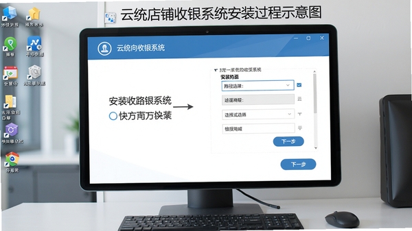 云统店铺收银系统安装过程示意图,显示安装向导界面,有下一步按钮和路径选择框,背景为电脑桌面,画面清晰标注安装路径和快捷方式选项,整体风格专业