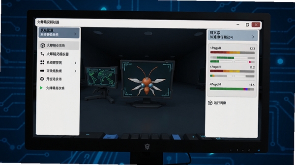 火蜂精灵模拟器主界面预览图,电脑屏幕中展示简洁的虚拟环境管理界面,左栏有系统配置选项,右侧是运行状态面板,背景为干净的深蓝色科技感氛围