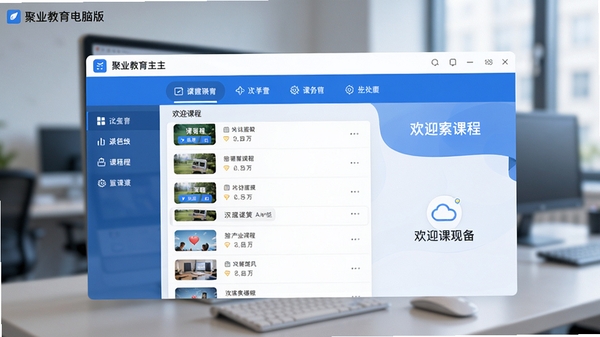 聚业教育电脑版主界面预览图,展示清晰的功能分区、课程列表和欢迎页,整体风格现代简约,以蓝色和白色为主色调,背景虚化处理突出前景界面,高清截图样式