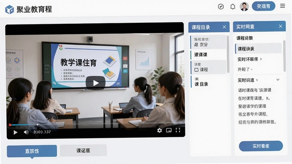 聚业教育课程播放页面,视频窗口正在播放教学课件,右侧显示课程目录与实时笔记区域,界面配色专业,功能按钮布局合理,画面清晰明亮