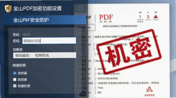 金山PDF加密功能设置界面,显示密码输入框与权限选项,背景为一份标有“机密”字样的PDF文件,强调文档安全防护能力