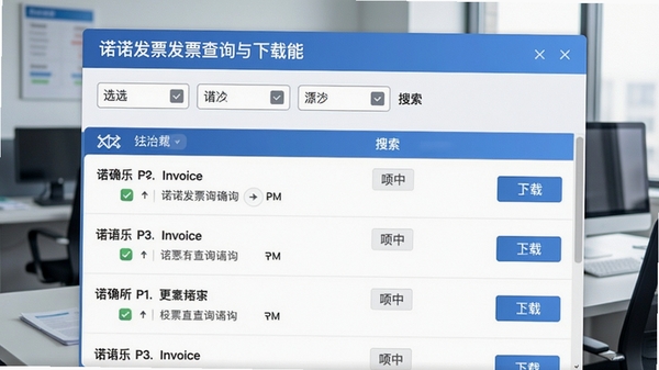 诺诺发票发票查询与下载功能截图,界面显示筛选条件栏和搜索结果列表,每条发票记录带有下载按钮,背景为财务办公场景,色调清爽,强调数据准确与效率