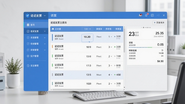 诺诺发票主界面截图,展示软件整体布局,左侧功能导航栏,右侧发票列表与预览区域,背景为干净整洁的办公桌面,整体色调以蓝色和白色为主,风格现代简约,界面清晰直观