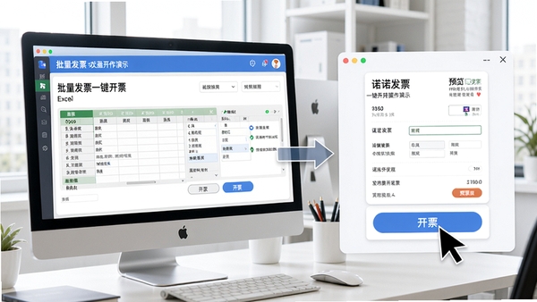 诺诺发票一键开票操作演示,界面展示批量导入Excel表格后自动填充发票信息的过程,光标点击开票按钮,右侧显示发票预览,背景为电脑屏幕和办公桌,色调明亮清晰