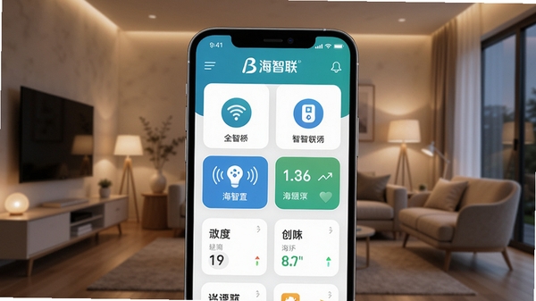 一张智能手机屏幕特写,屏幕中显示海智联App主界面,界面包含多个智能设备图标和状态卡片,背景为现代简约客厅环境,暖色调灯光,画面清晰,突出海智联品牌标识,整体风格科技感与生活感融合,适配Boogu模型生成。