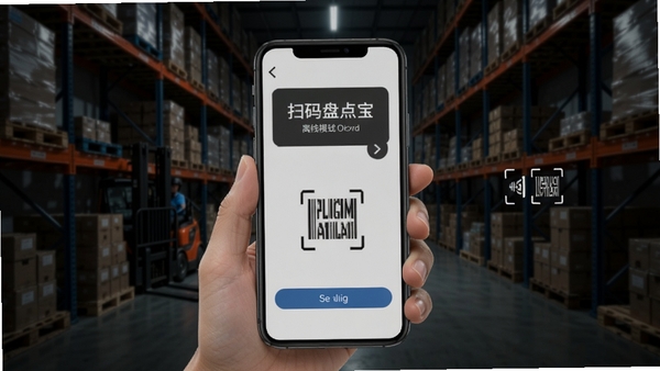扫码盘点宝离线模式示意图,手机显示离线状态但扫码正常,背景为地下仓库,光线较暗,但屏幕清晰可见