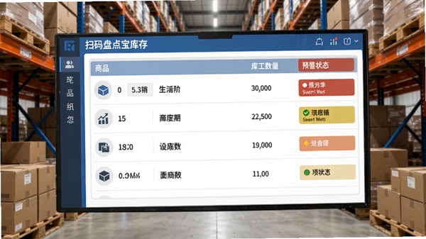 扫码盘点宝库存管理界面,显示商品列表、库存数量、预警状态,背景为仓库货架,界面简洁,数据清晰
