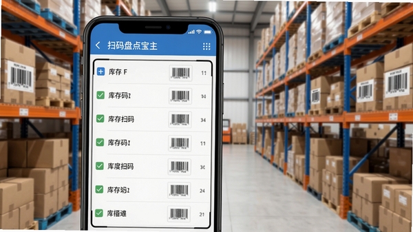 扫码盘点宝主界面截图,手机屏幕显示库存列表与扫码框,背景为整洁的仓库货架,商品码清晰可见,整体风格明亮写实