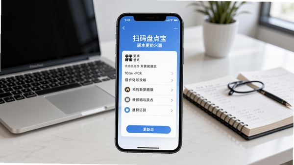扫码盘点宝版本更新界面,手机屏幕显示更新日志,背景为办公桌,有电脑和账本,风格简洁商务
