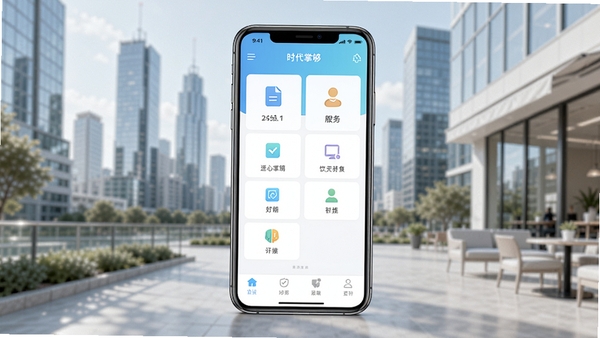 时代掌够应用主界面预览图,展示其简洁的生活服务功能布局,背景为现代城市生活场景,色调清新明亮,突出手机应用的整体外观和核心功能模块。