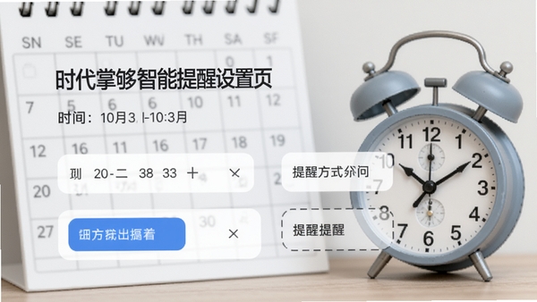 时代掌够智能提醒设置页面,展示日期选择和提醒方式选项,背景为日历与闹钟元素,风格简约,突出时间管理与提醒功能。
