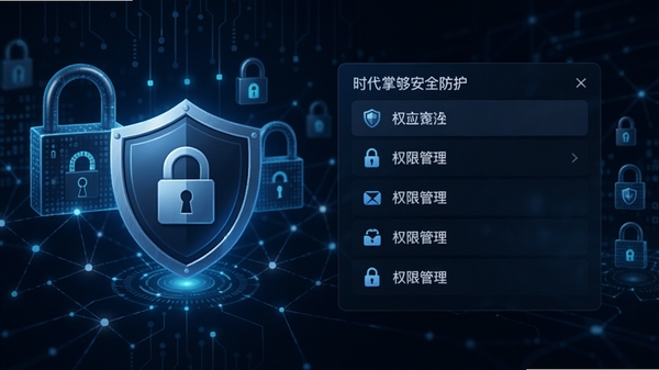 时代掌够安全防护界面,展示加密盾牌图标和权限管理列表,背景为数字锁与网络防护元素,色调偏冷,强调安全性与可靠性。