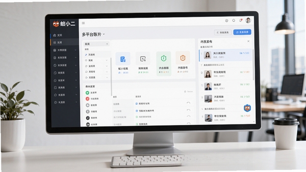 蚁小二软件主界面预览图,展示多平台账号管理面板与内容发布列表,背景为现代办公桌面场景,界面清晰明亮,突出软件的品牌标识与核心功能区域