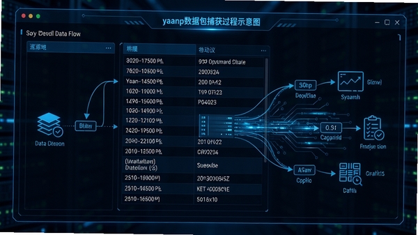 yaanp数据包捕获过程示意图,展示网络数据流被软件实时抓取并分类展示的画面,包含源地址、目的地址、协议类型等关键信息列,界面配色以蓝黑为主,突出科技感与数据流动感