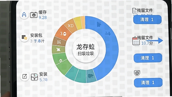 龙虾保软件垃圾清理功能运行截图,手机屏幕上显示扫描结果环形图,分类列出缓存垃圾、安装包、残留文件等清理项目,每个项目旁有清理按钮,背景为浅色网格纹理,突出数据可视化效果。