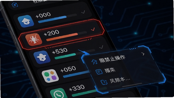 龙虾保应用权限管理功能示意图,画面展示一款手机应用列表,每个应用旁边标注着权限使用数量,其中某个应用被红色高亮标记,下方弹出权限禁止操作菜单,整体风格科技感强,背景采用深色主题,蓝色点缀。