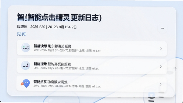 智能点击精灵更新日志界面,展示新版本功能列表,背景为浅色卡片式设计,标题突出,带有版本号和时间戳,整体风格清新简洁。