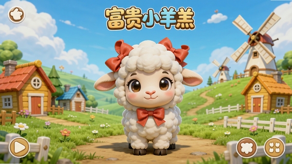 游戏主界面全景预览图,画面中央是一只毛茸茸的白色小羊羔,头戴红色蝴蝶结,眼神灵动可爱,背景是蓝天白云下的绿色山坡牧场,点缀着彩色小木屋和风车,整体风格清新治愈,卡通渲染,色彩明亮柔和,横版构图,展示游戏核心养成玩法场景,画面中必须有“富贵小羊羔”五个字的艺术字标题。
